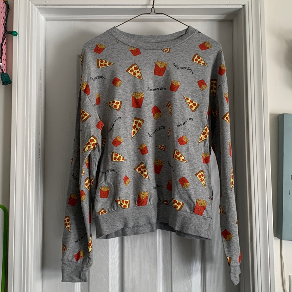 Fries over guys crew- neck sweatshirt